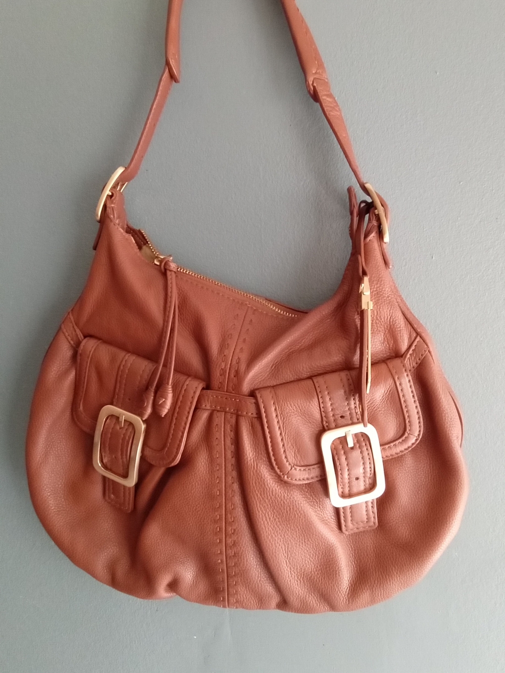 Cole Haan Cognac Leather Slouchy Hobo Shoulder Handbag with Buckle Details